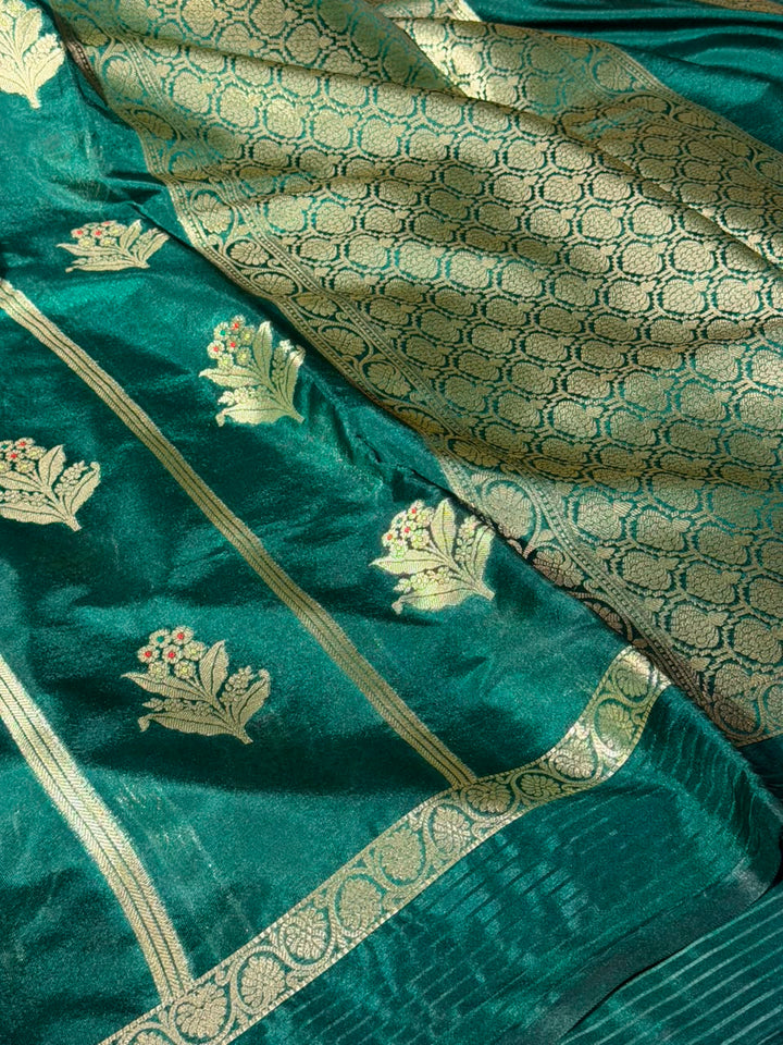 Bottle Green Stripe Weave Chinia Silk Banarasi Saree
