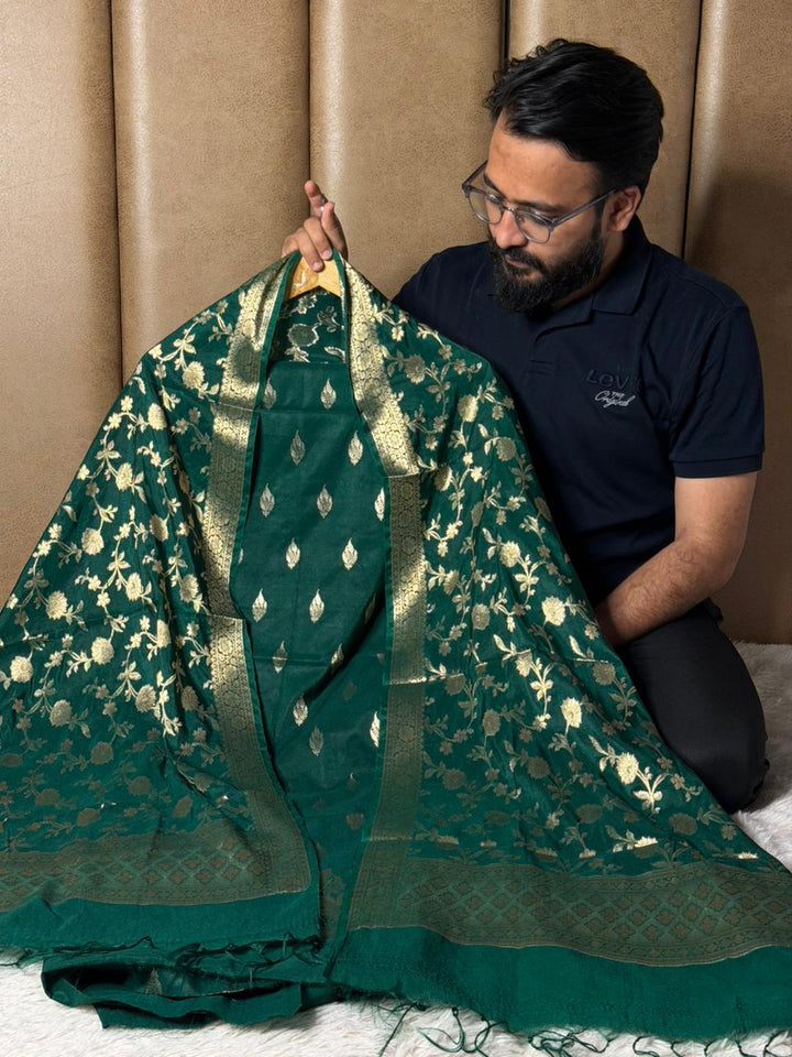 Bottle green chinia silk 3 pcs banarasi suit