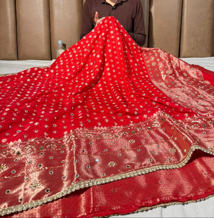 Bridal Red Chinia Silk Banarasi Mirror Work Saree