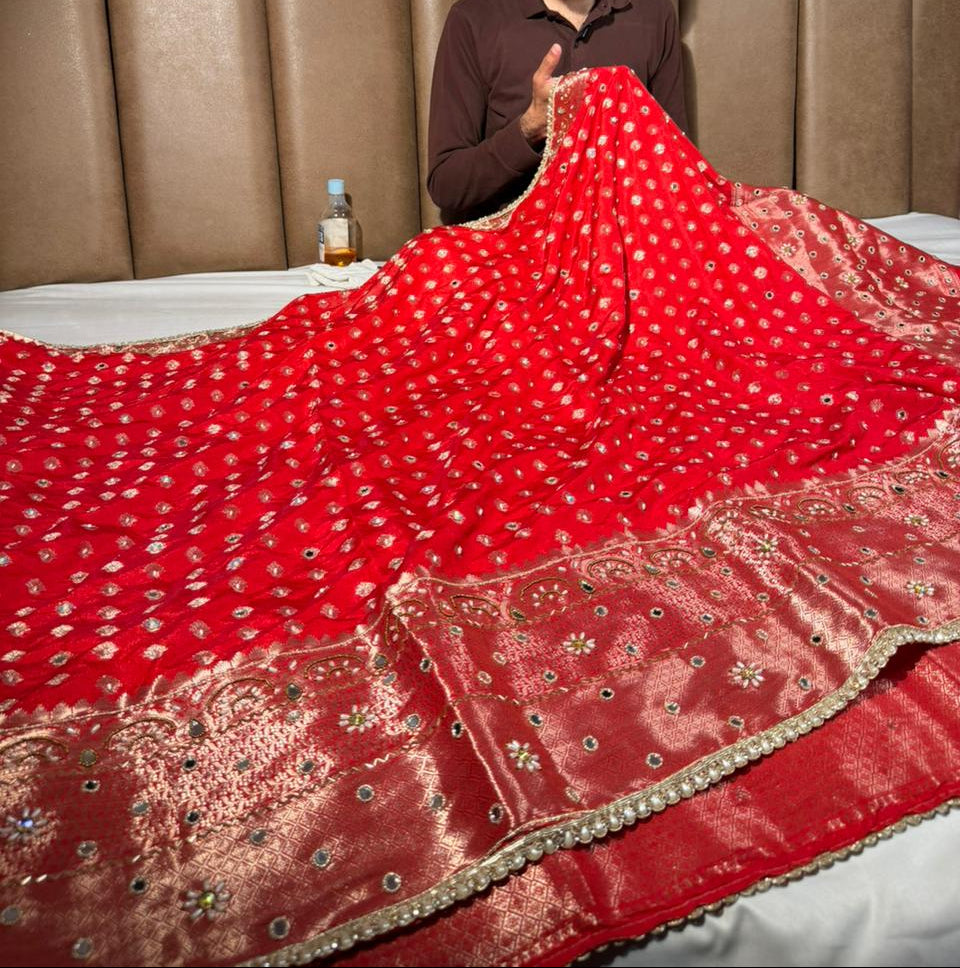 Bridal Red Chinia Silk Banarasi Mirror Work Saree