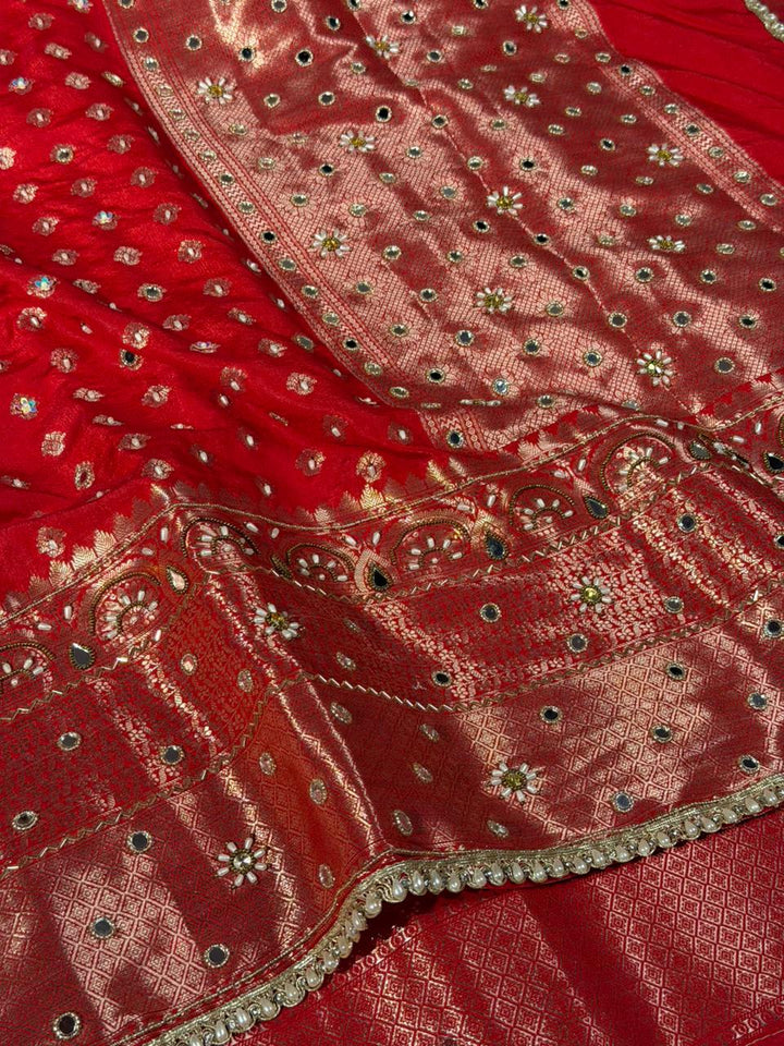 Bridal Red Chinia Silk Banarasi Mirror Work Saree