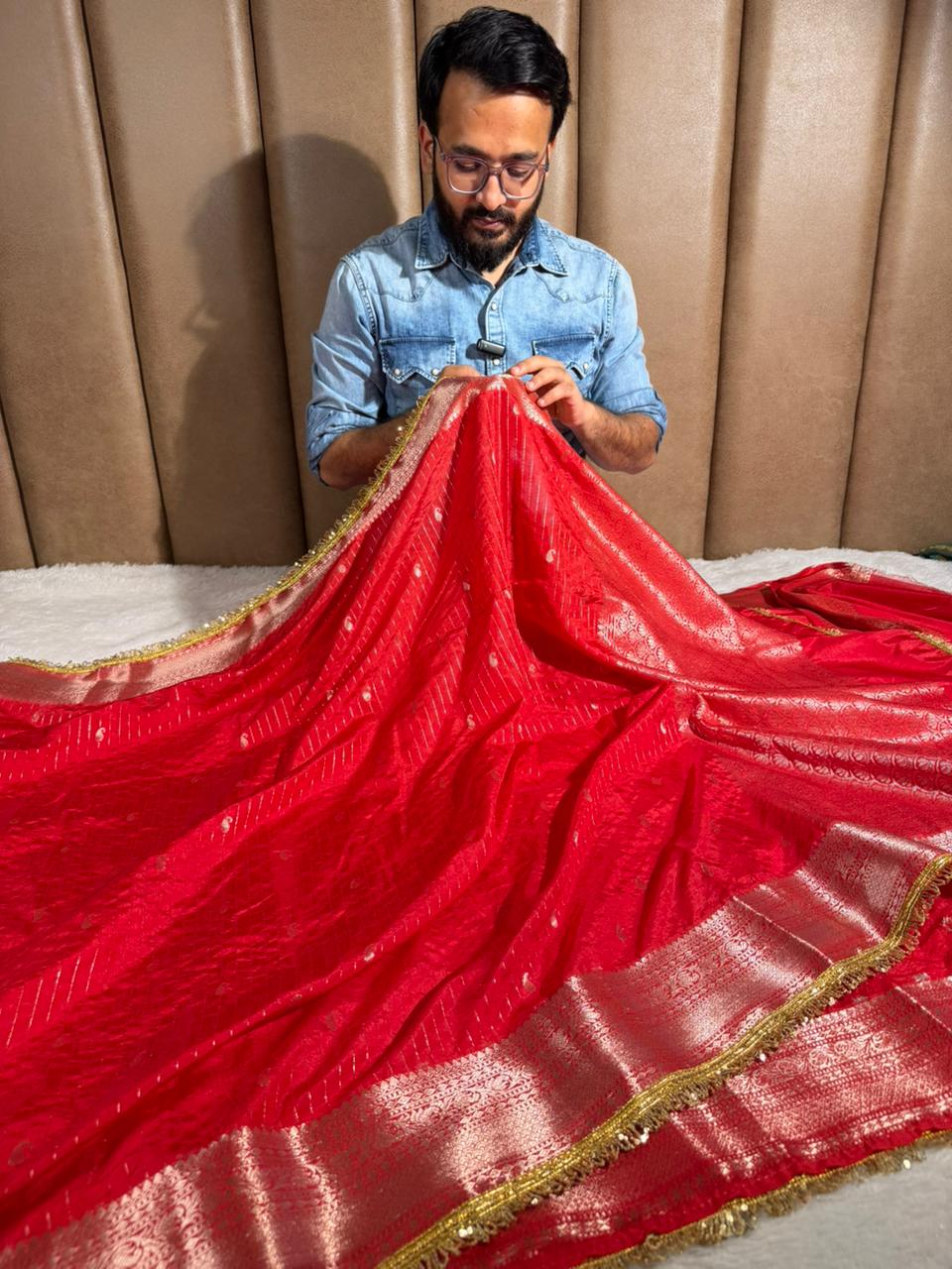 Bridal Red Chinia Silk Designer Lace Work Banarasi saree