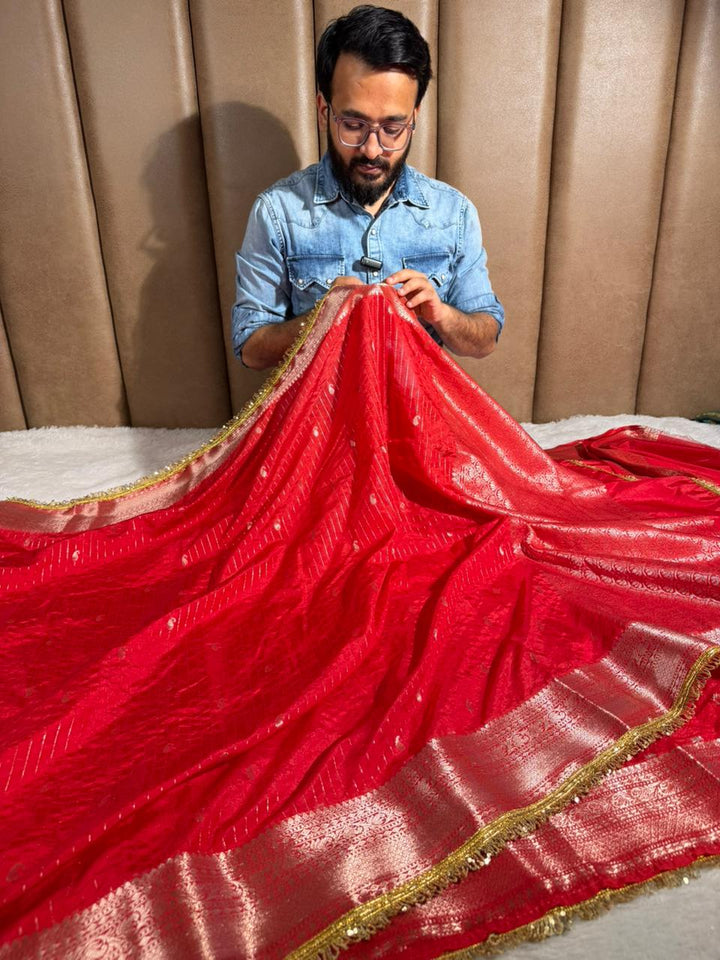 Bridal Red Chinia Silk Designer Lace Work Banarasi saree