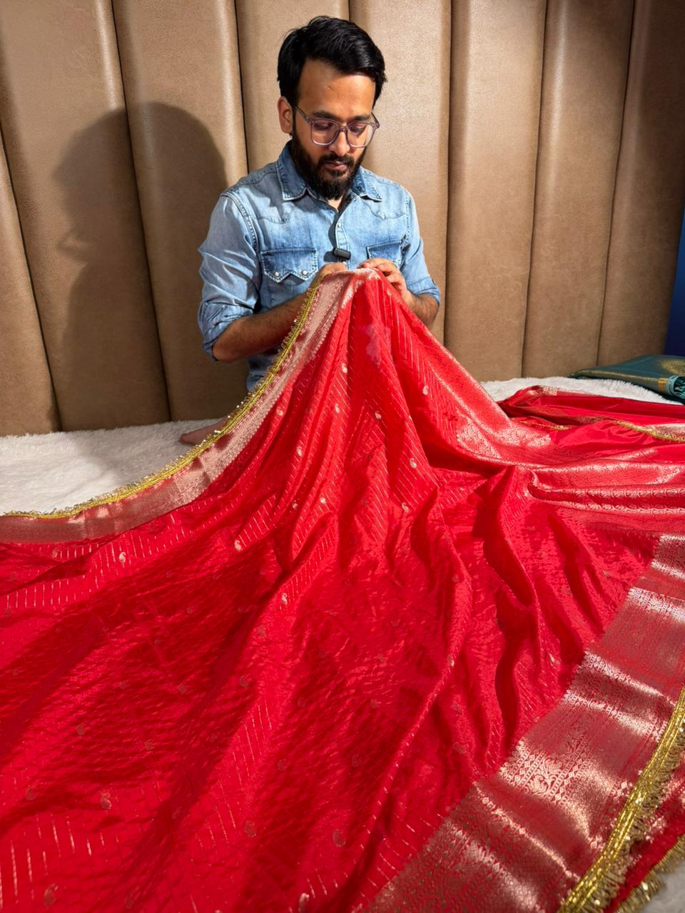 Bridal Red Chinia Silk Designer Lace Work Banarasi saree