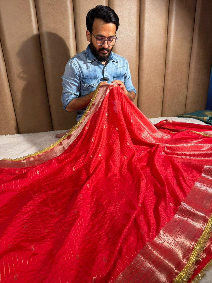 Bridal Red Chinia Silk Designer Lace Work Banarasi saree