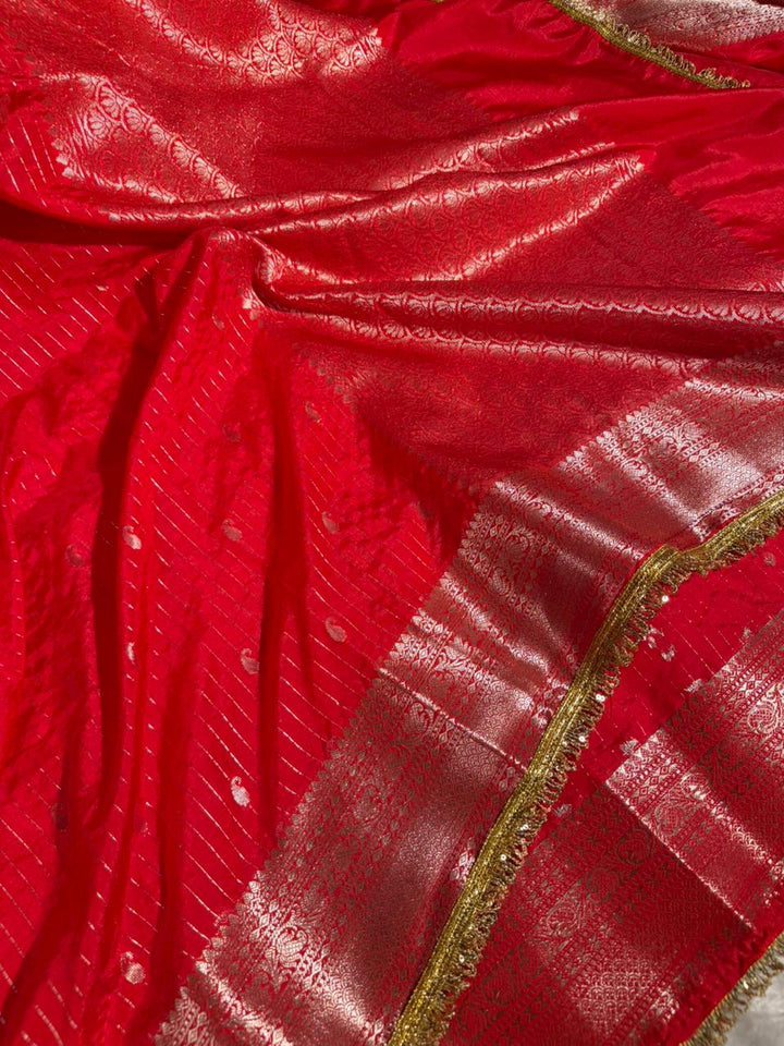 Bridal Red Chinia Silk Designer Lace Work Banarasi saree