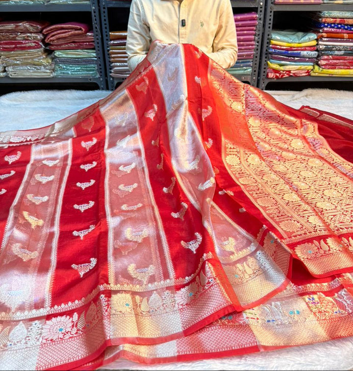 Bridal Red Chinia Tissue Silk Eccentric Heritage Weave Banarasi Saree