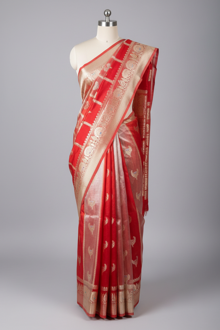 Bridal Red Chinia Tissue Silk Eccentric Heritage Weave Banarasi Saree