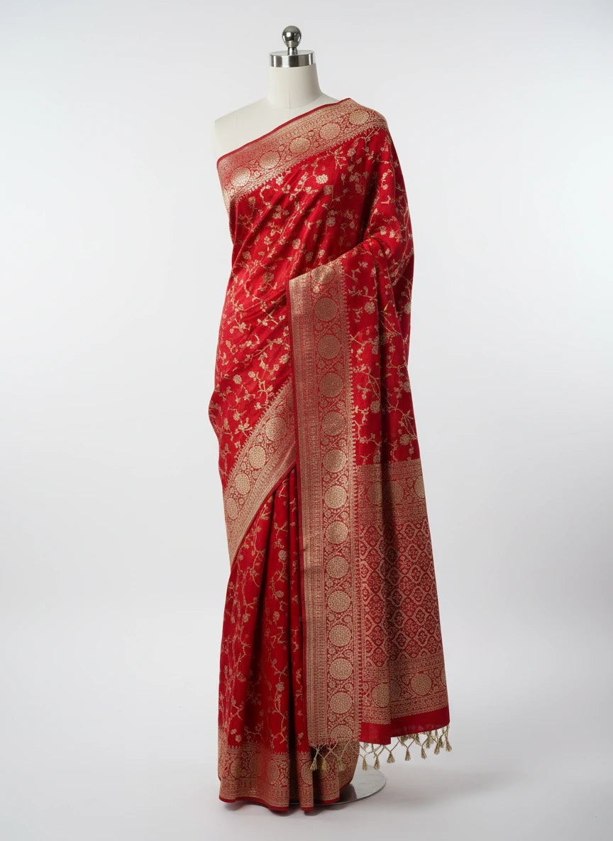 Bridal Red Chiniya Silk Designer Lace Attached Banarasi Saree