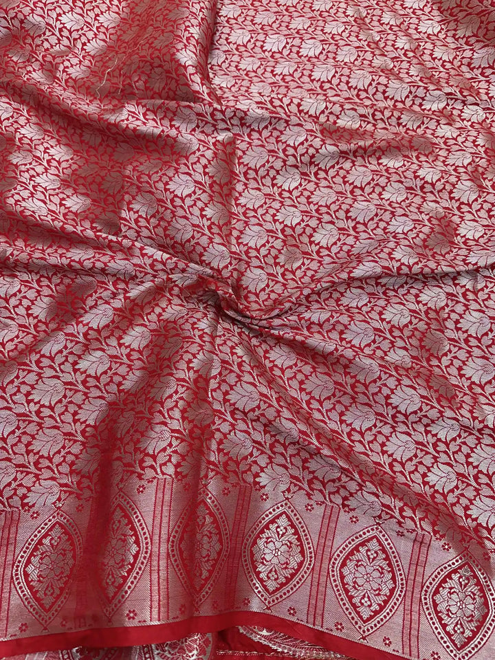 Bridal Red Chiniya Silk Heavy Lace Attached Banarasi Saree