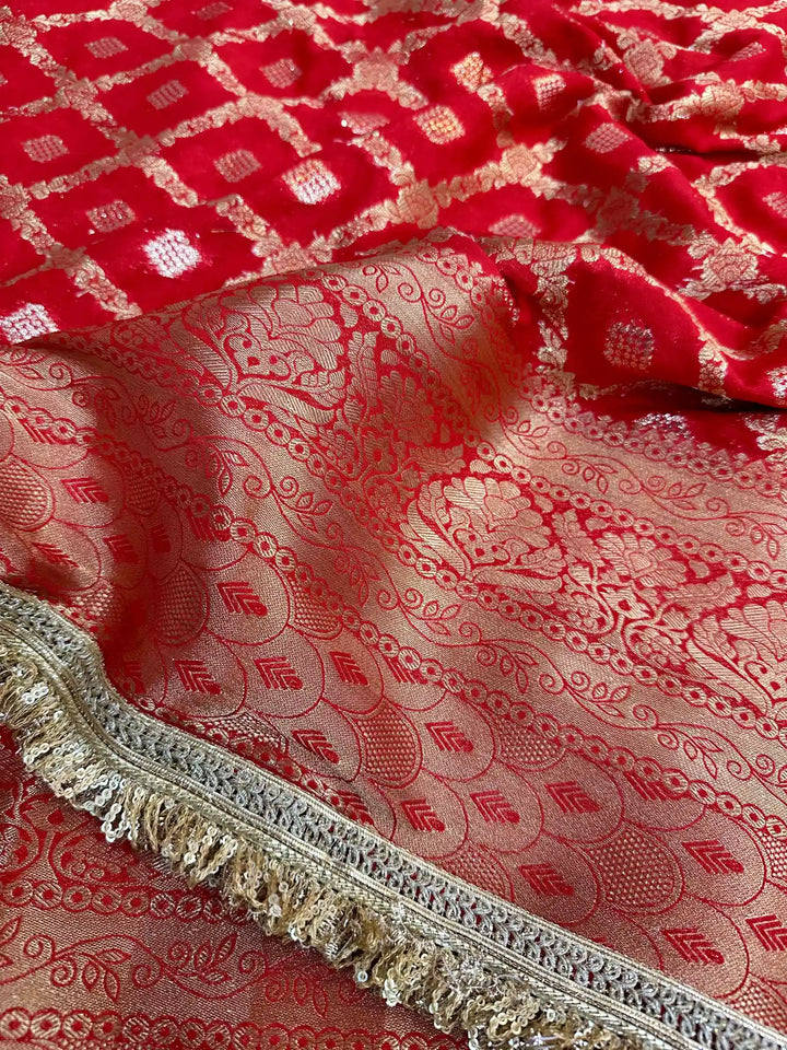 Bridal Red Chiniya Silk Lace Attached Banarasi Saree