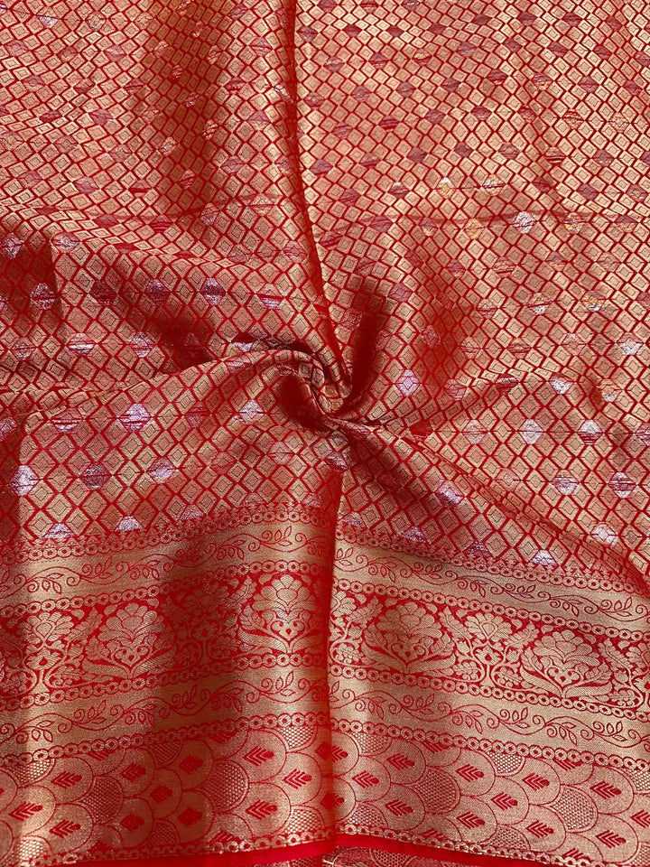 Bridal Red Chiniya Silk Lace Attached Banarasi Saree