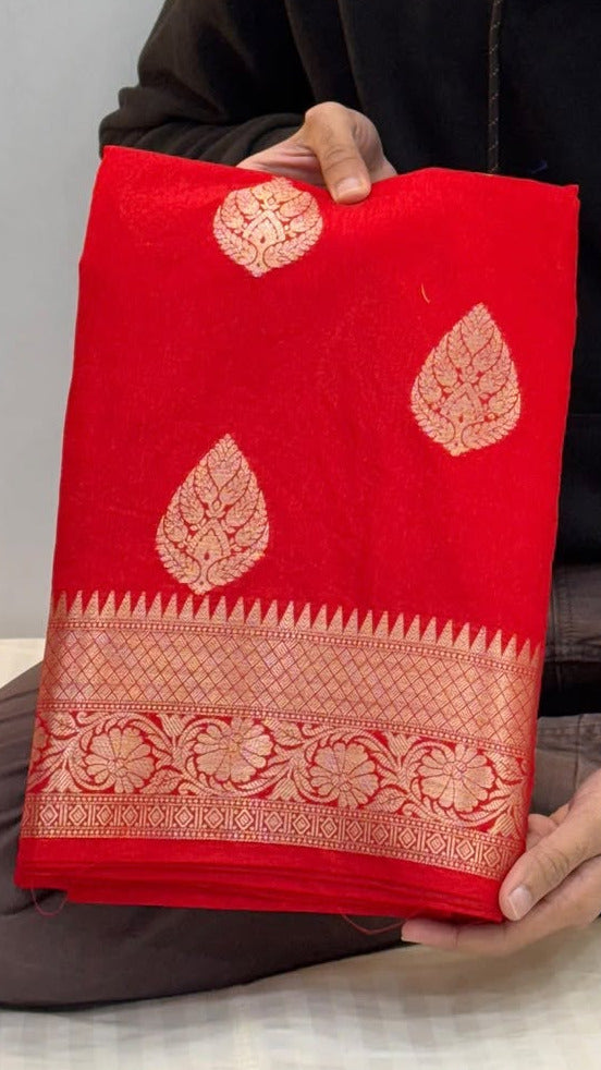 Bridal Red Chiniya Silk Zari Buta Banarasi Saree