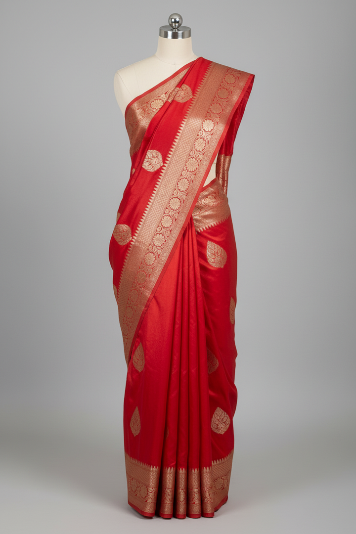 Bridal Red Chiniya Silk Zari Buta Banarasi Saree