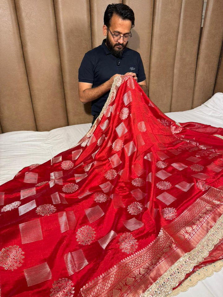 Bridal Red Dupion Silk Premium Designer Saree