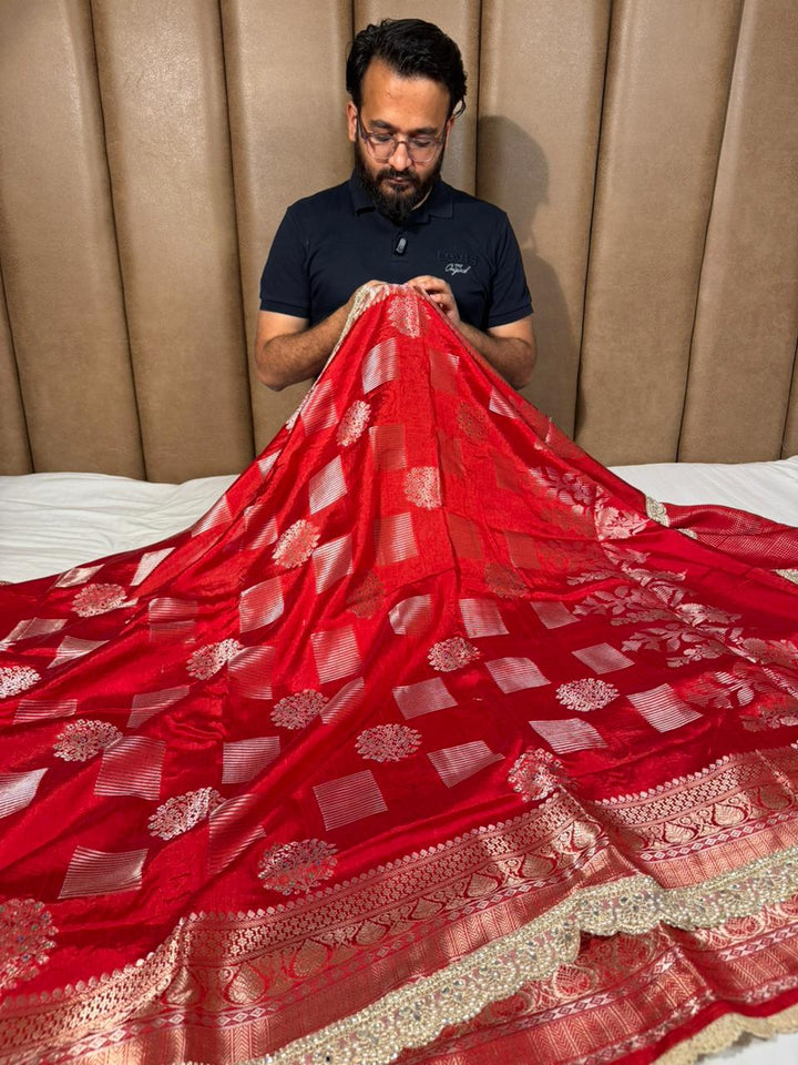 Bridal Red Dupion Silk Premium Designer Saree