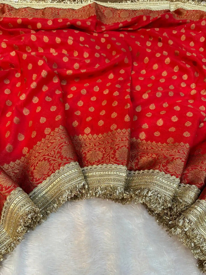 Bridal Red Georgette Silk Lace Work Banarasi Saree