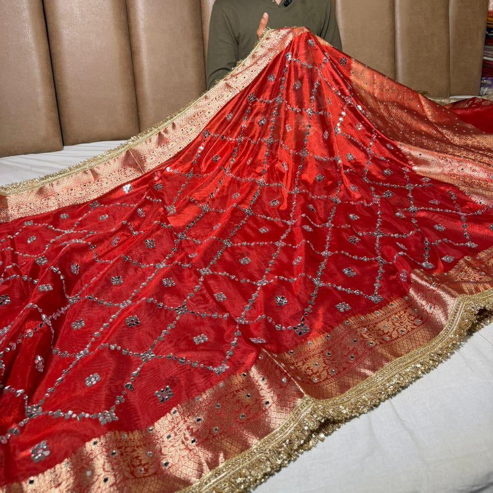 Bridal Red Kora Tissue Mirror Work Banarasi Saree