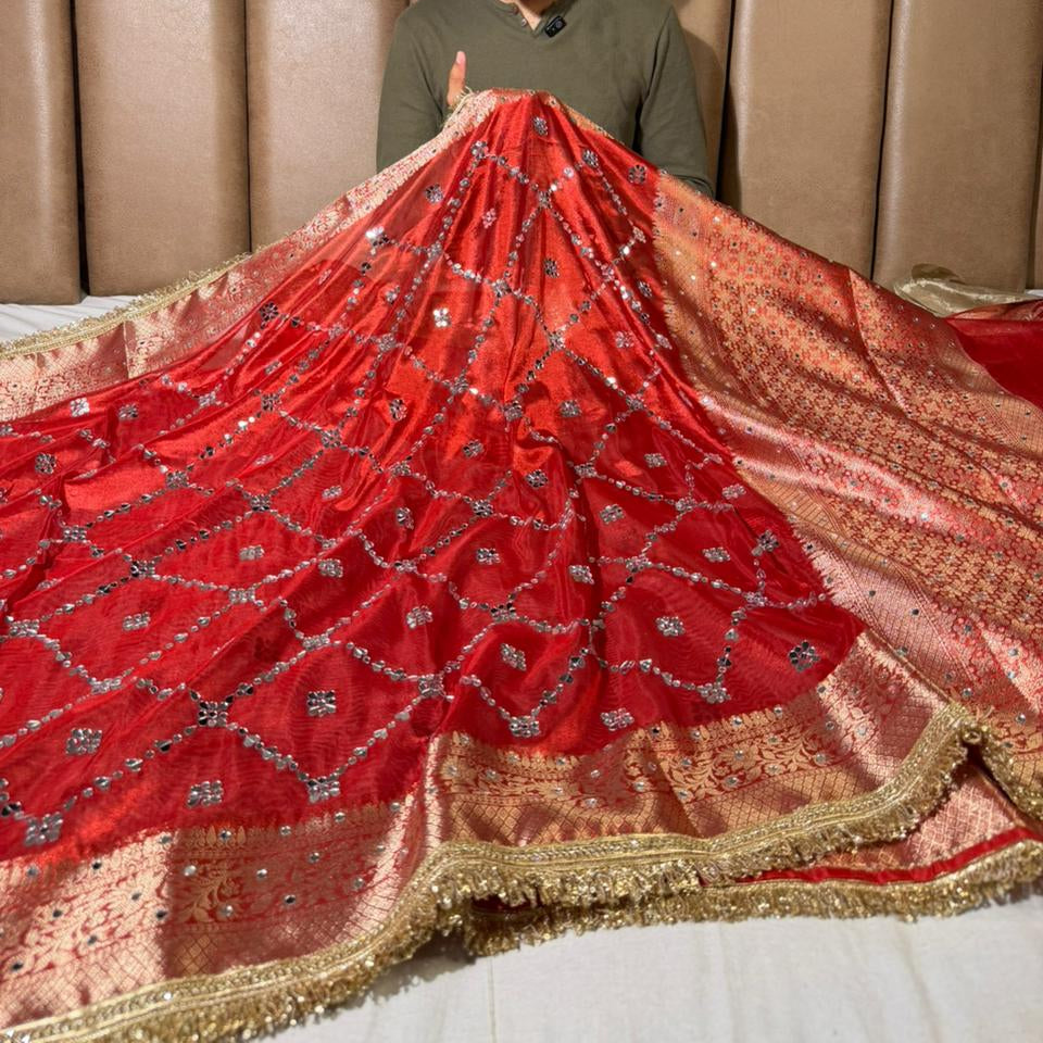 Bridal Red Kora Tissue Mirror Work Banarasi Saree