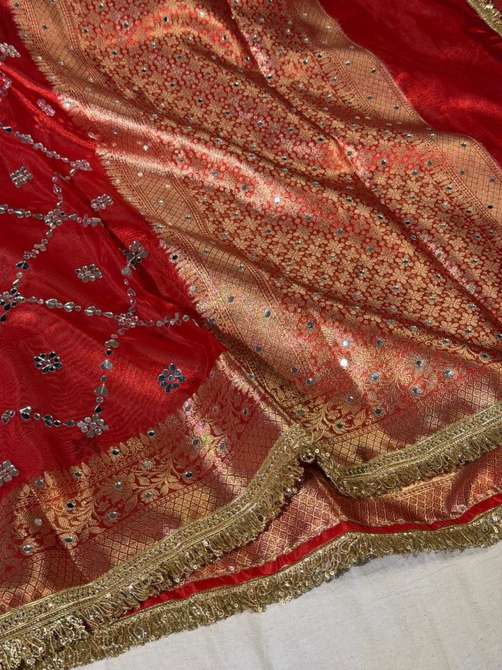 Bridal Red Kora Tissue Mirror Work Banarasi Saree