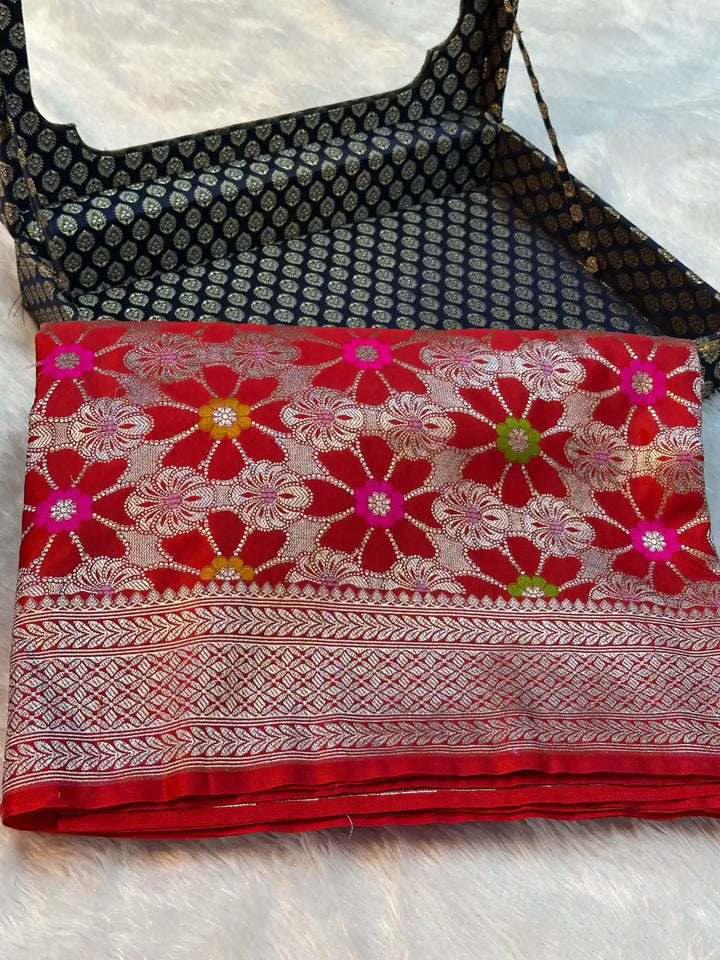Bridal Red Mashru Katan Silk Eccentric Meenakari Banarasi Saree