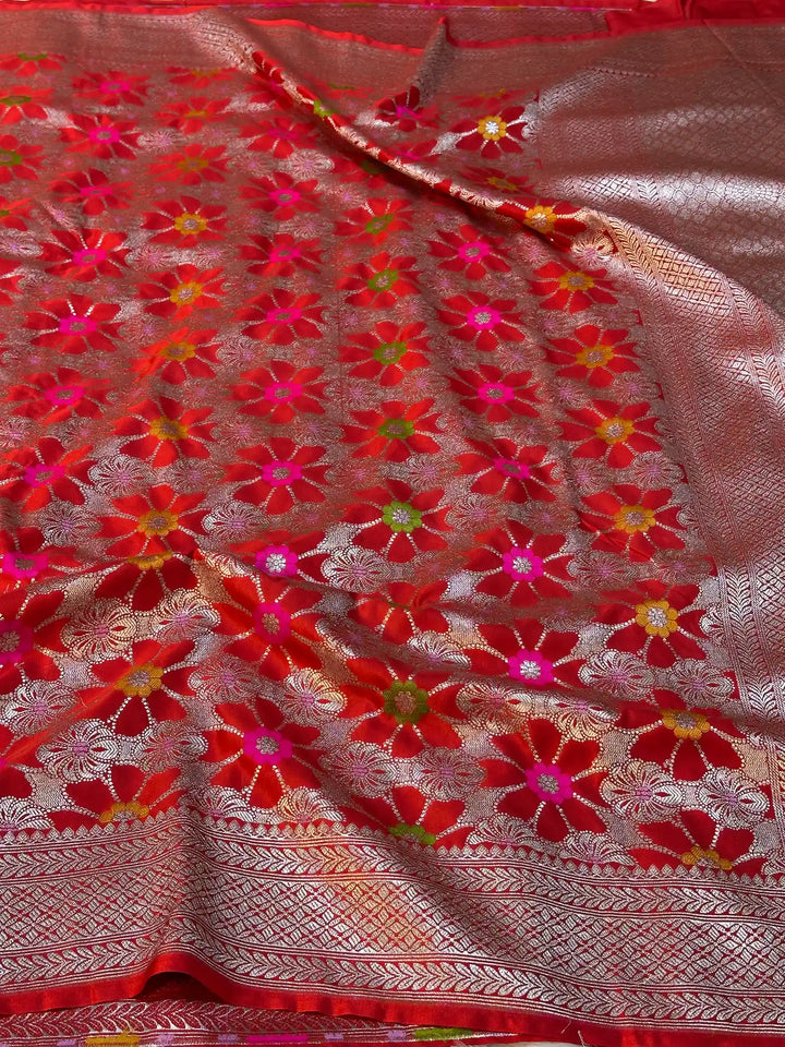 Bridal Red Mashru Katan Silk Eccentric Meenakari Banarasi Saree