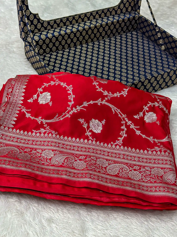 Bridal Red Mashru Katan Silk Floral Jaal Weave Banarasi Saree