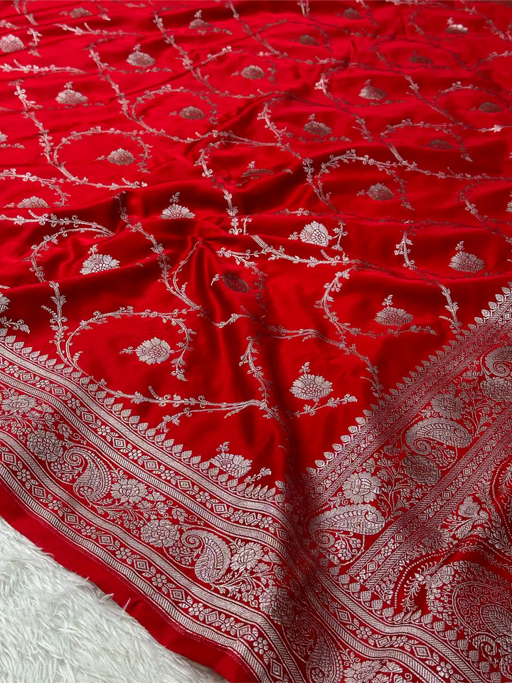Bridal Red Mashru Katan Silk Floral Jaal Weave Banarasi Saree