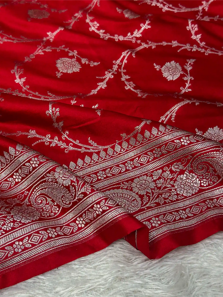 Bridal Red Mashru Katan Silk Floral Jaal Weave Banarasi Saree