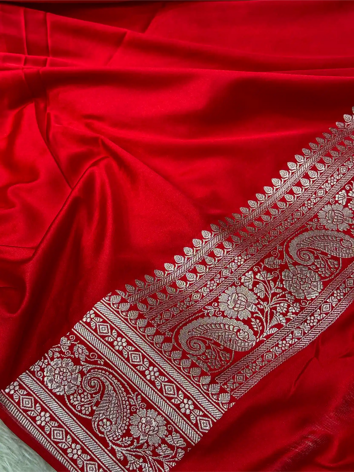 Bridal Red Mashru Katan Silk Floral Jaal Weave Banarasi Saree