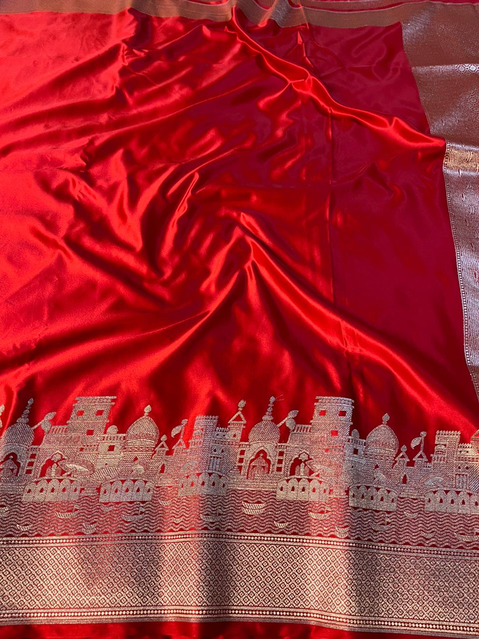 Bridal Red Mashru Katan Silk Ghats of Banaras Weave Banarasi Saree
