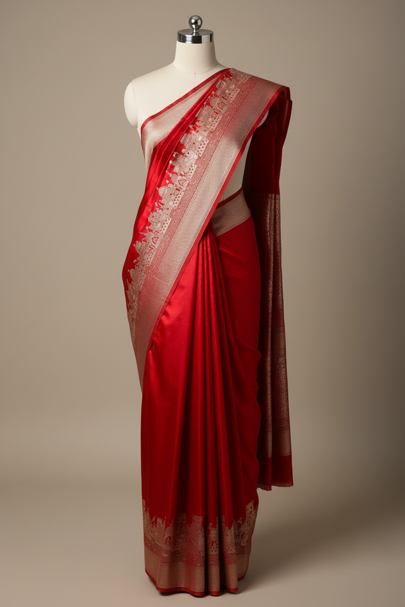 Bridal Red Mashru Katan Silk Ghats of Banaras Weave Banarasi Saree