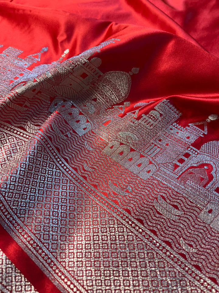 Bridal Red Mashru Katan Silk Ghats of Banaras Weave Banarasi Saree