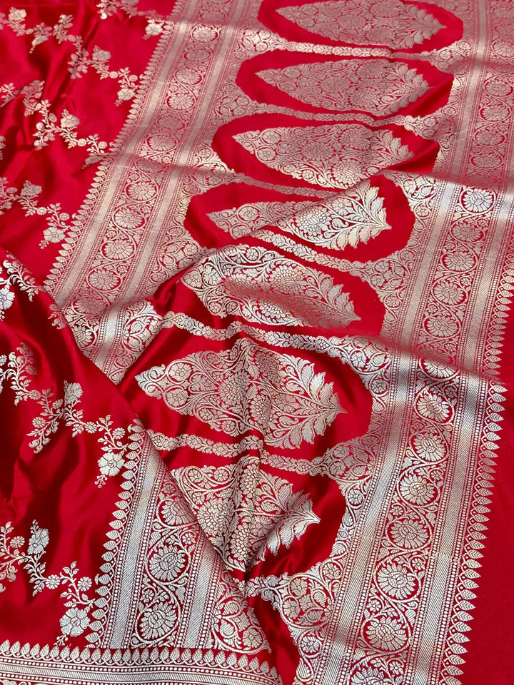 Bridal Red Mashru Katan Silk Leheriya Weave Banarasi Saree