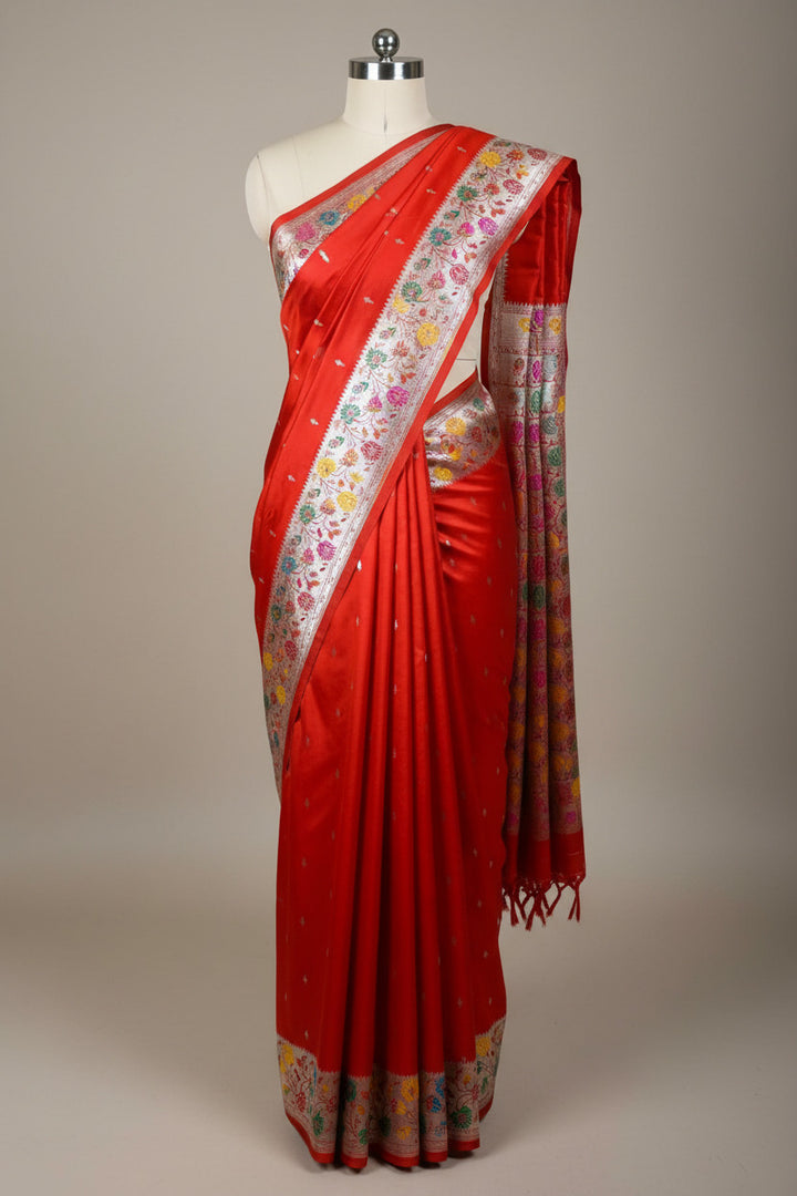 Bridal Red Mashru Katan Silk Paithani Banarasi Saree 