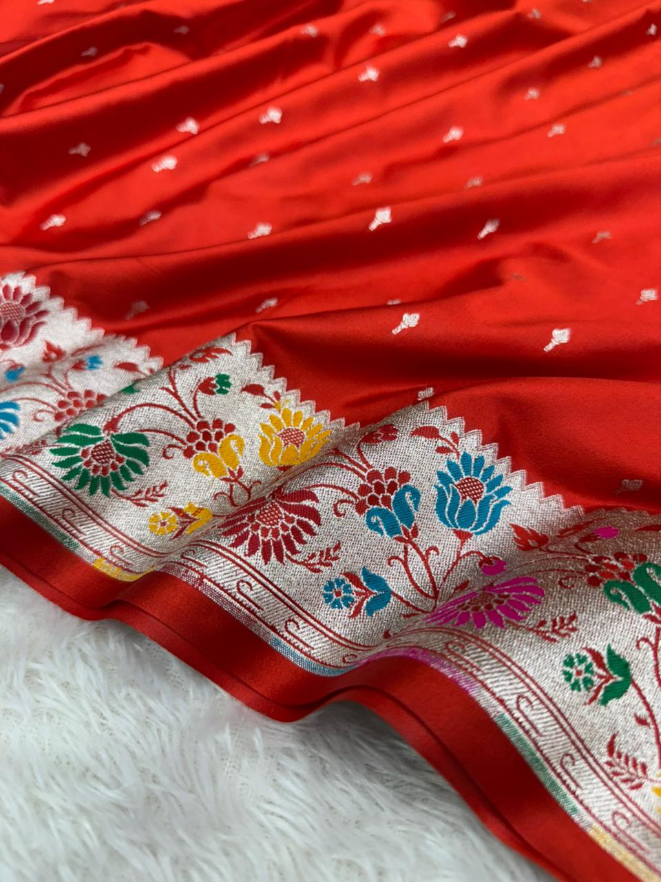 Bridal Red Mashru Katan Silk Paithani Banarasi Saree 