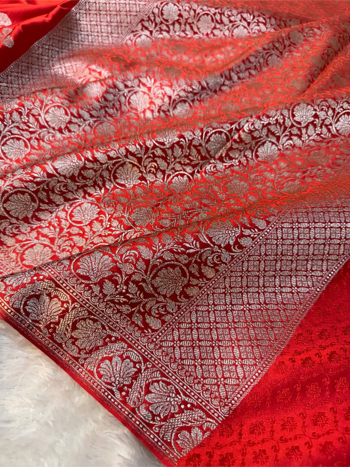Bridal Red Mashru Katan Silk Zari Floral Butis Banarasi Saree