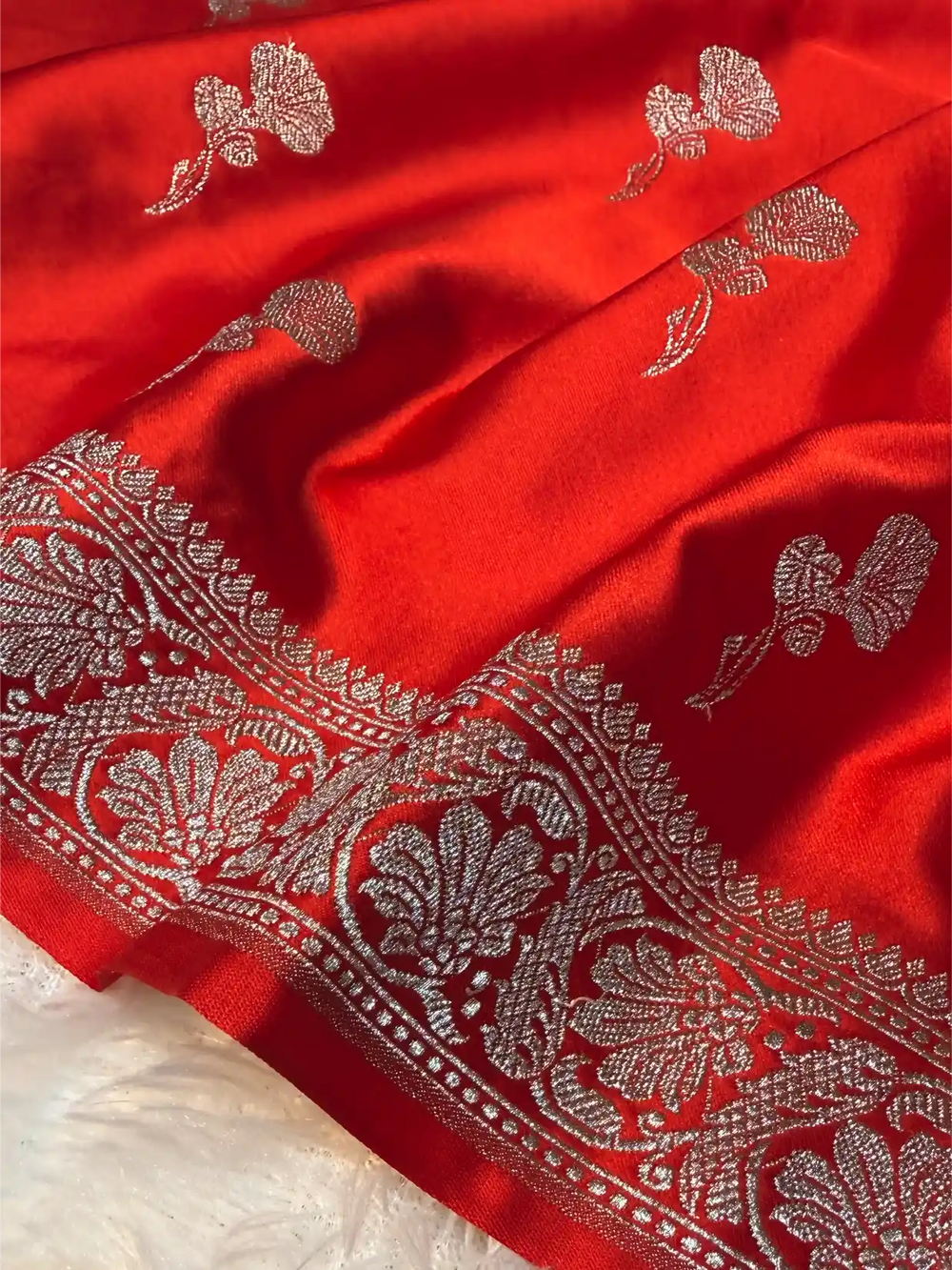Bridal Red Mashru Katan Silk Zari Floral Butis Banarasi Saree