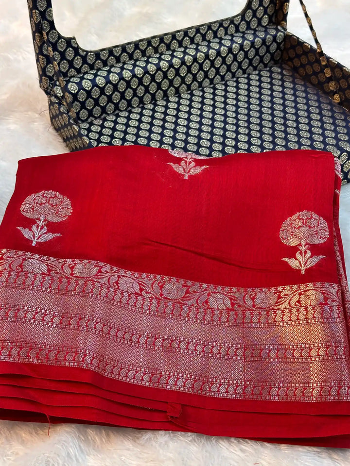 Dark Red Chiniya Silk Traditional Banarasi Saree
