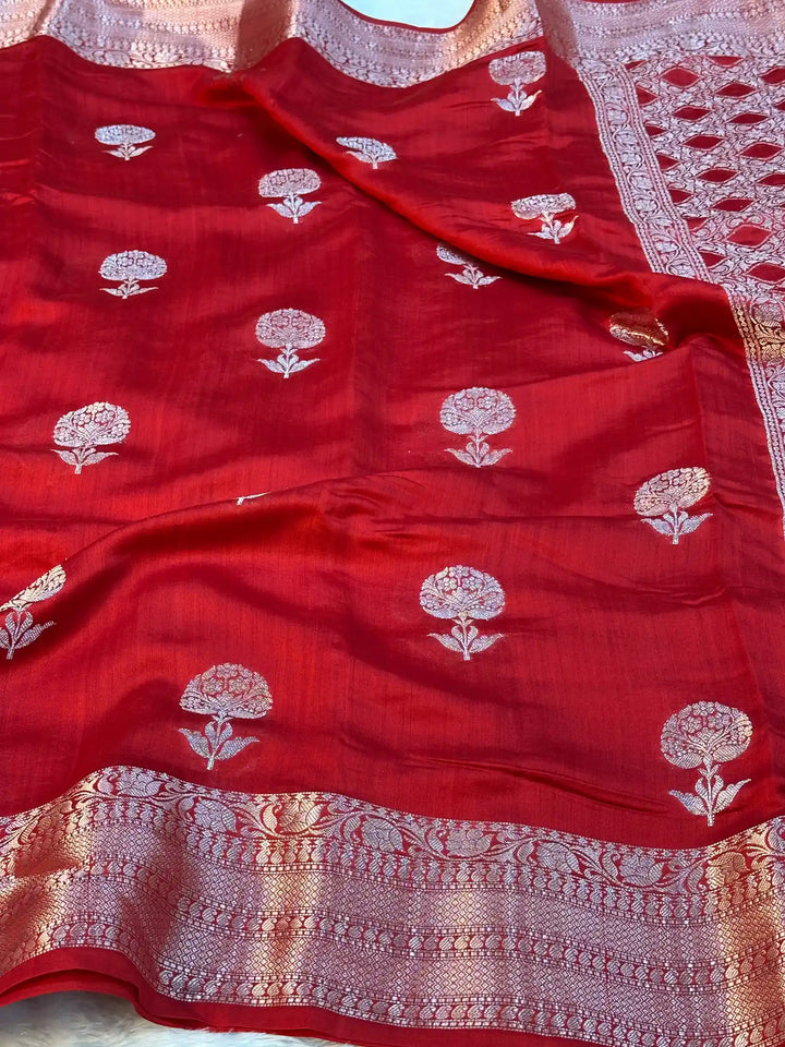 Dark Red Chiniya Silk Traditional Banarasi Saree