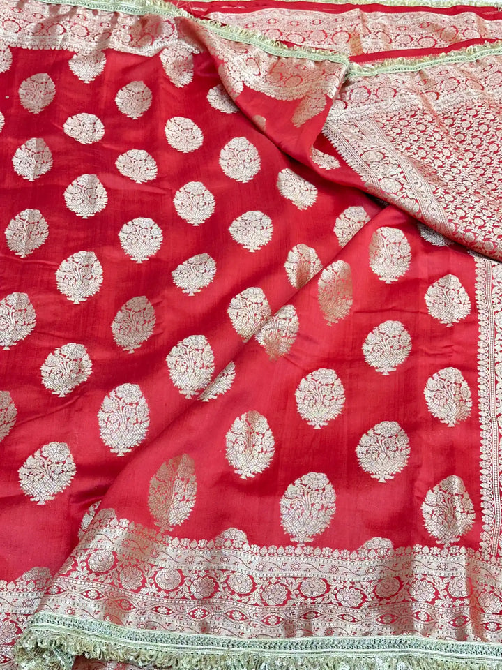 Bridal Red Pure Chiniya Silk Lace Attached Banarasi Saree 