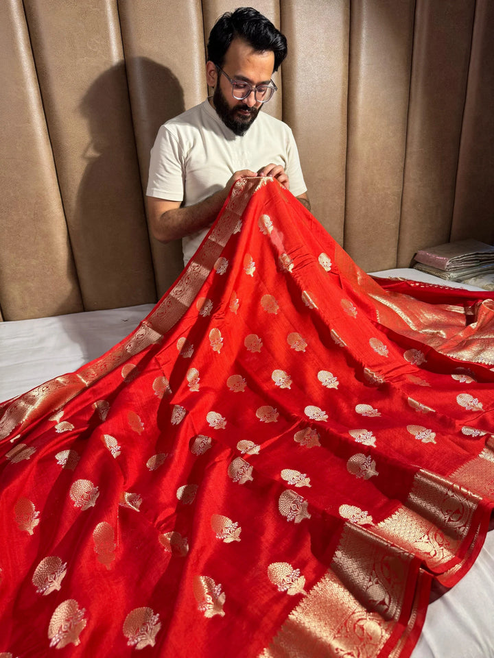 Bridal Red Pure Chiniya silk saree with rich pallu and blouse