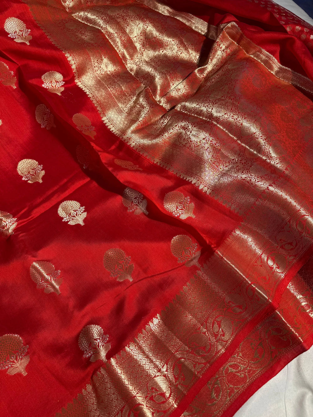 Bridal Red Pure Chiniya silk saree with rich pallu and blouse
