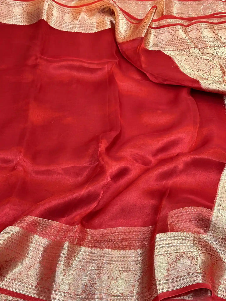 Carmine Red Pure Tissue Silk Banarasi Saree