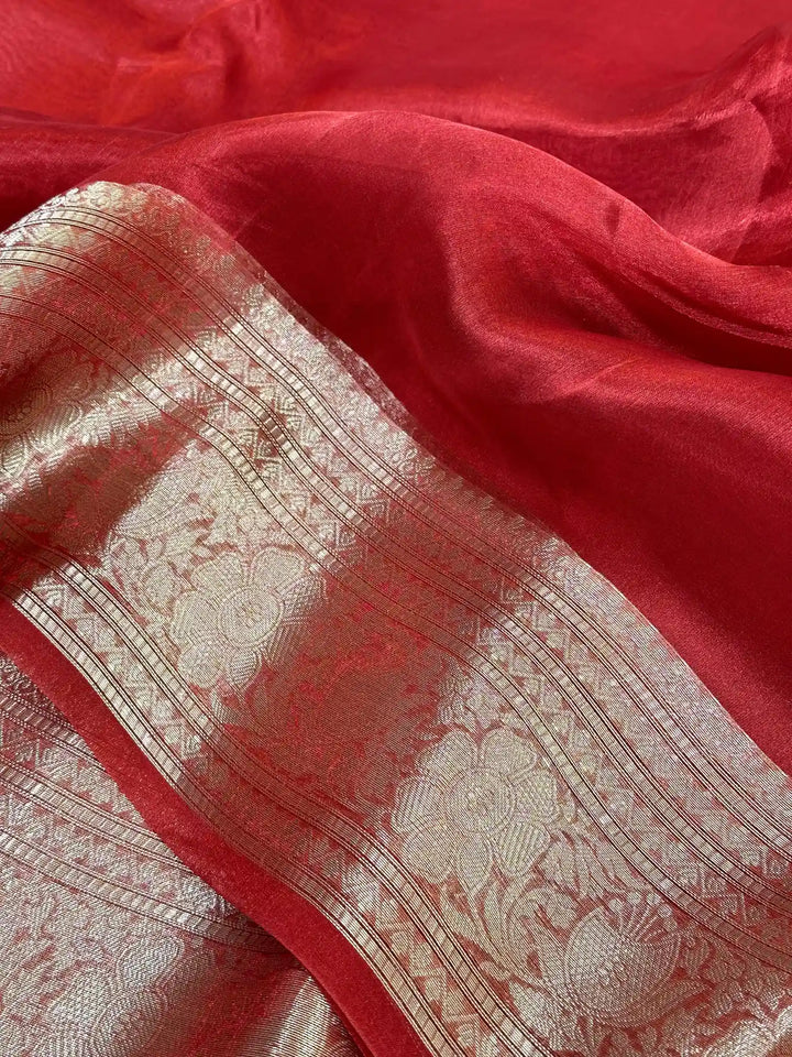 Carmine Red Pure Tissue Silk Banarasi Saree