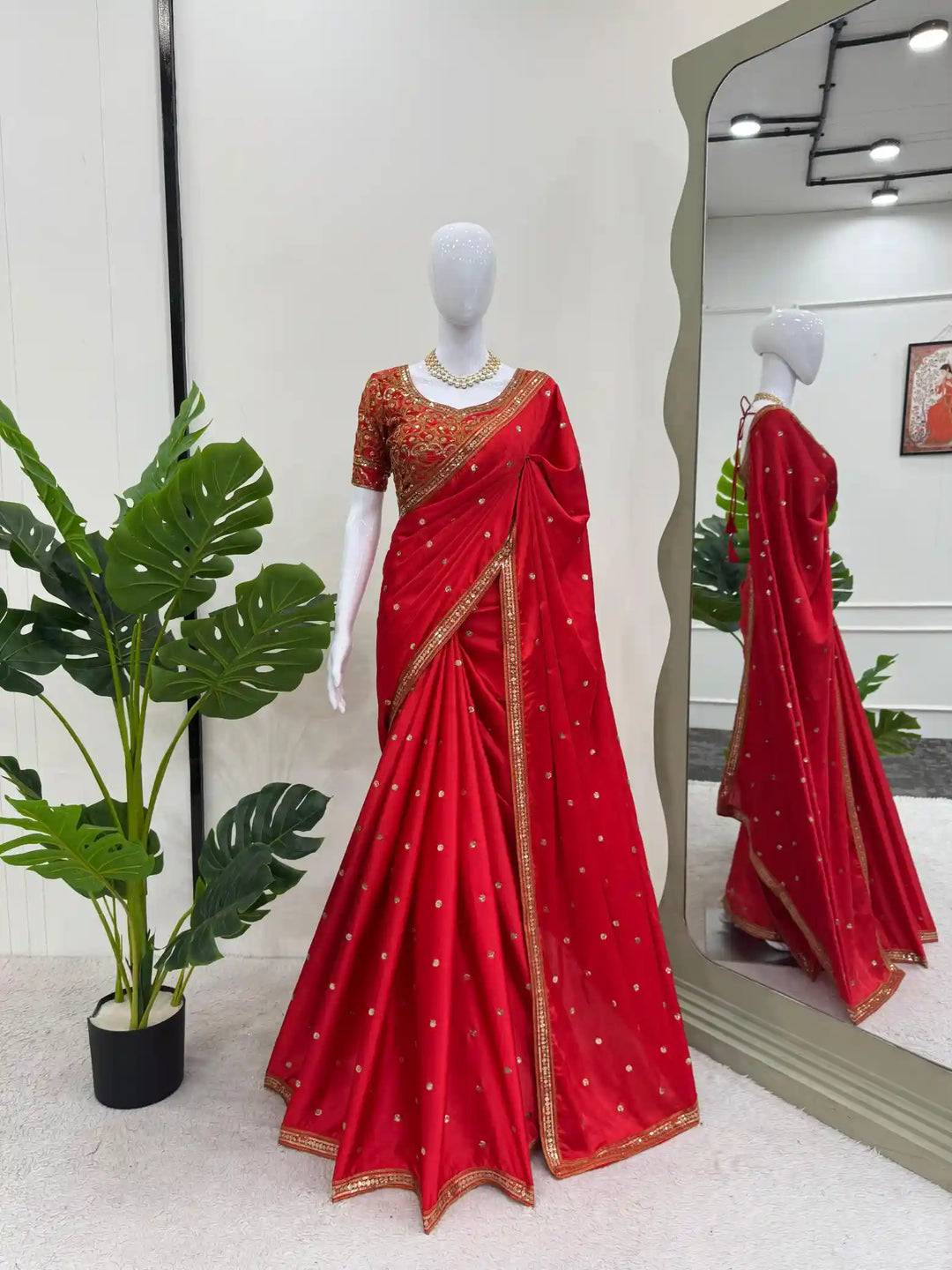 Bridal Red satin silk saree with Premium blouse and dupatta attached