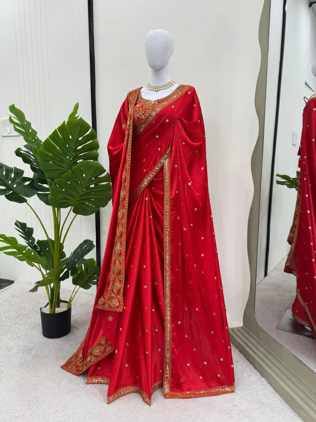 Bridal Red satin silk saree with Premium blouse and dupatta attached