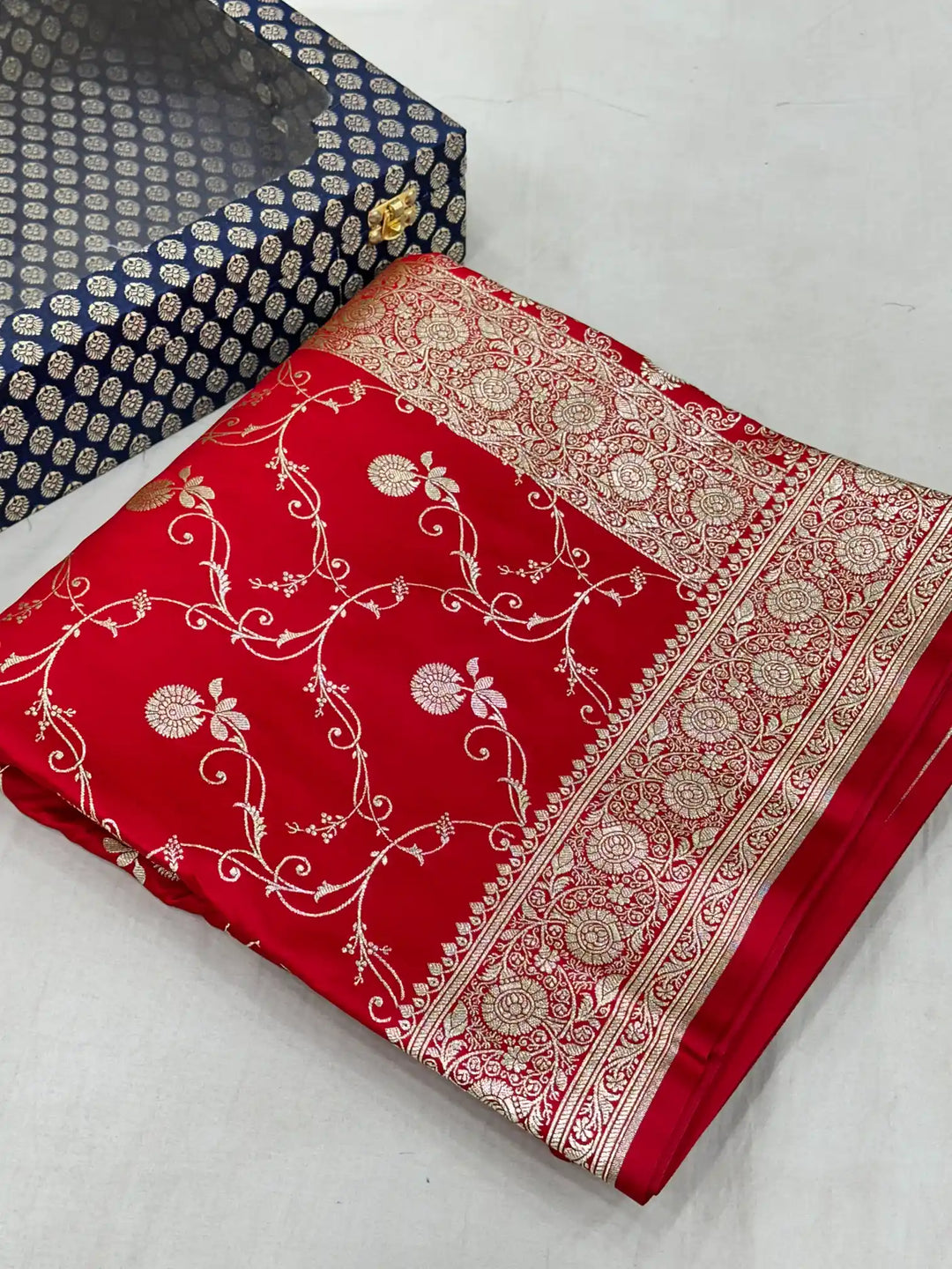 Bridal Red Satin Silk Saree with Rich Texture Design and Classical Pallu
