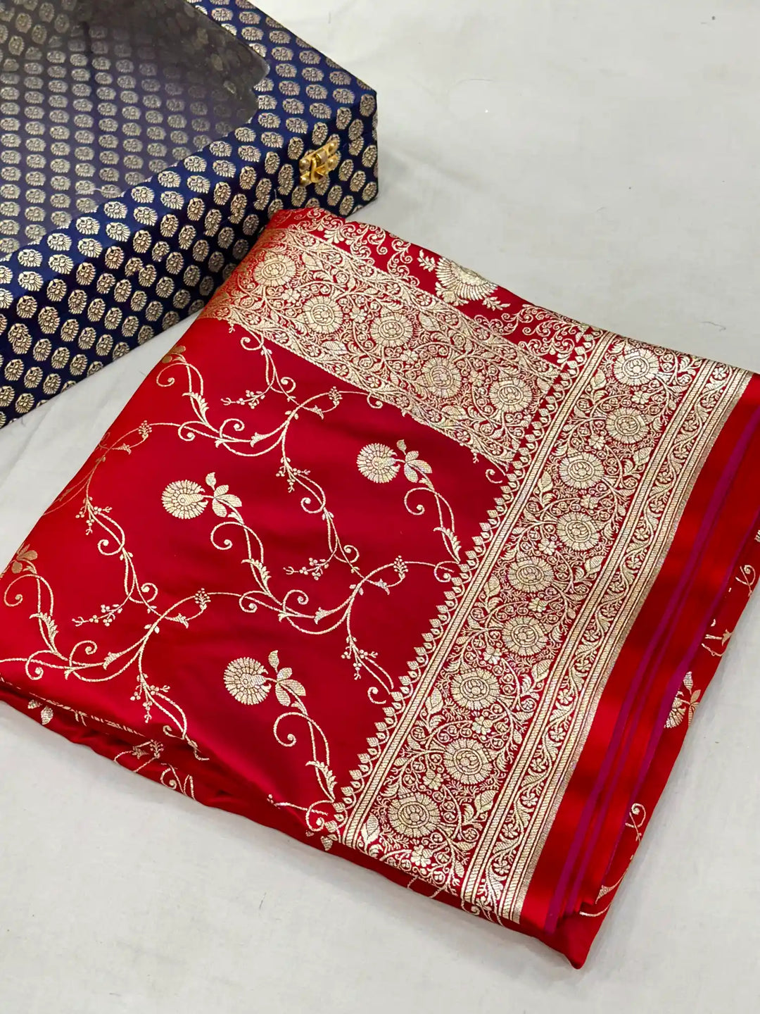 Bridal Red Satin Silk Saree with Rich Texture Design and Classical Pallu