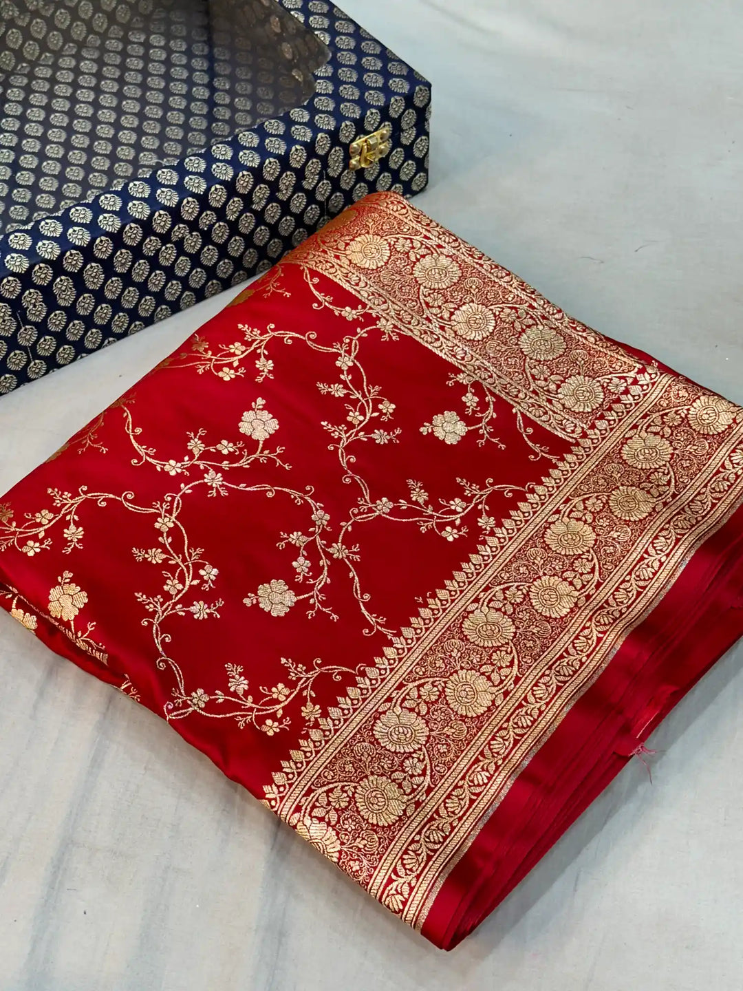 Bridal Red Satin Silk Saree with Rich Texture Design and Classical Pallu